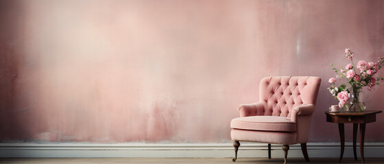 Empty Corner with Vintage Chair in Pastel Pink