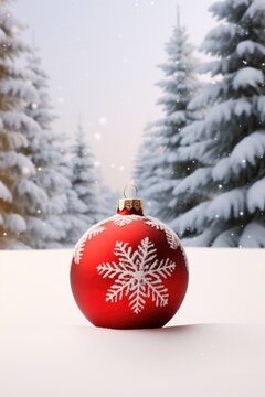 A red Christmas ornament resting on a snowy ground. This image can be used to depict the holiday season and festive decorations.