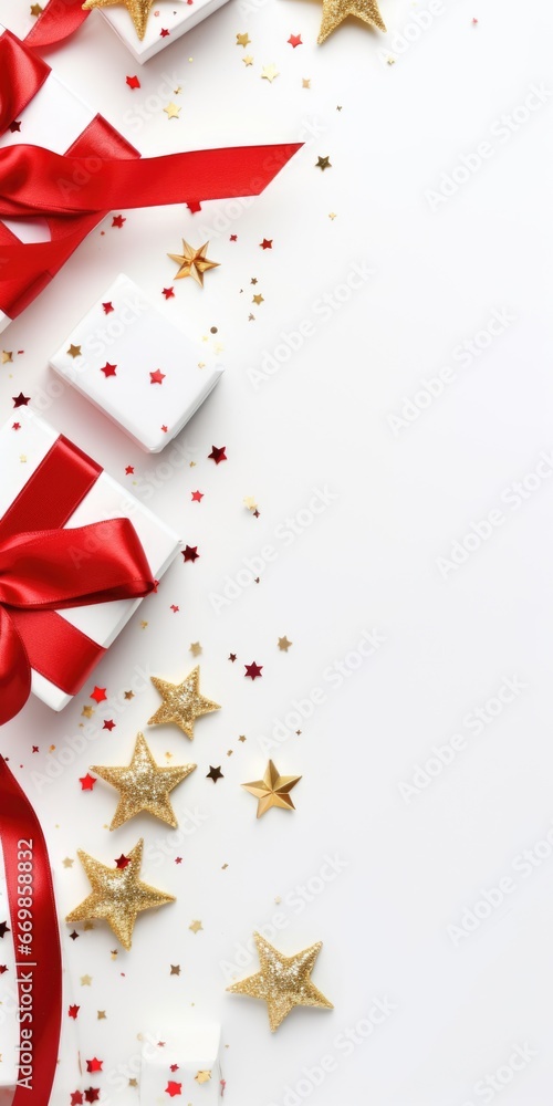 Poster a festive image featuring red and gold stars and gift boxes on a white background. perfect for use i