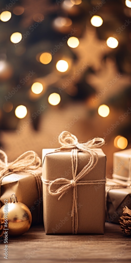 Poster A collection of presents wrapped in brown paper and tied with twine. This versatile image can be used for various occasions and celebrations.