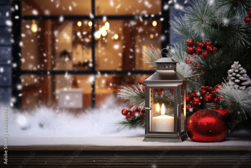 Poster A lantern with a lit candle placed on a table in front of a window. This image can be used to create a cozy and warm atmosphere or to represent relaxation and calmness.