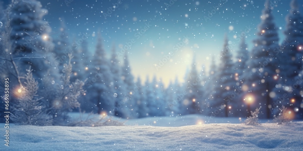 Poster a serene winter scene with a snow-covered field and trees in the background. perfect for winter-them
