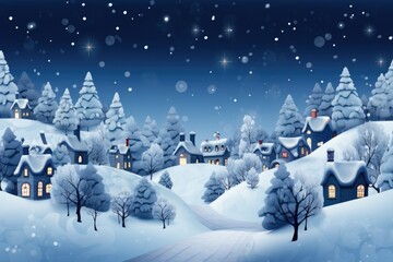 A picturesque snowy night scene featuring houses and trees. Perfect for winter-themed designs and holiday projects.