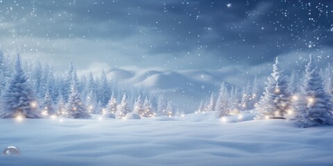 A picturesque snowy landscape with tall trees covered in snow and twinkling lights. Perfect for winter-themed designs and holiday backgrounds.
