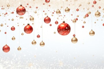 A collection of red and gold ornaments hanging from strings. Perfect for adding a festive touch to holiday decorations or creating a warm and elegant atmosphere. - obrazy, fototapety, plakaty