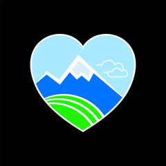 Mountain Landscape Heart Logo design. Green Nature Farm template. Black background. Vector illustration