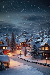 A picturesque snowy night scene of a town illuminated by a street light. Perfect for winter-themed designs and holiday projects.