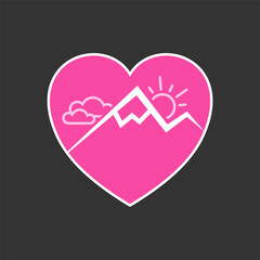 Mountain Landscape Pink Heart Logo design. Black background. Vector illustration