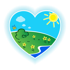 Landscape Heart Logo design. Green Nature Farm template. Vector illustration