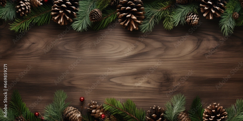 Aufkleber A wooden table adorned with pine cones and evergreen branches. Perfect for adding a rustic touch to holiday decorations or winter-themed projects.