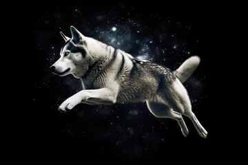 A Husky dog flying in space highly on cosmos background. Astronaut trip to galaxy. Animal Space journey abstract concept