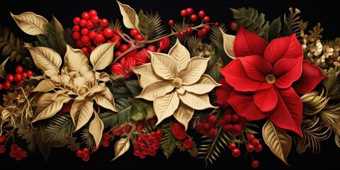 A detailed view of a Christmas decoration featuring poinsettias and berries. This image can be used to enhance holiday-themed designs and decorations. - obrazy, fototapety, plakaty