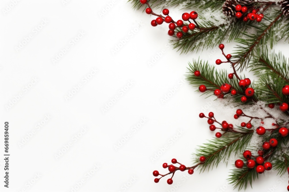 Poster a close-up view of a pine branch with vibrant red berries against a clean white background. perfect 
