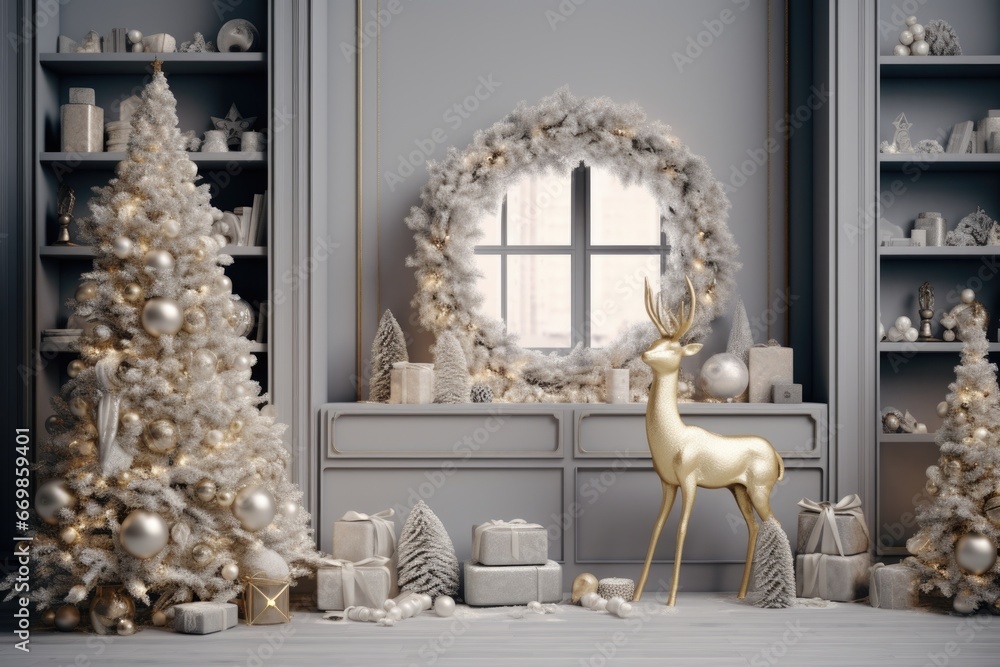 Poster a beautiful christmas scene featuring a gold deer and multiple christmas trees. perfect for adding a