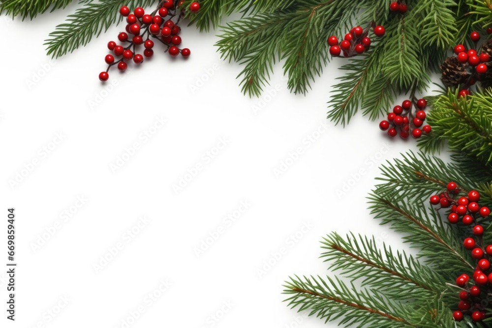 Aufkleber A close-up view of a pine branch with vibrant red berries and pine cones. This image can be used to add a festive touch to holiday designs or to showcase the beauty of nature.