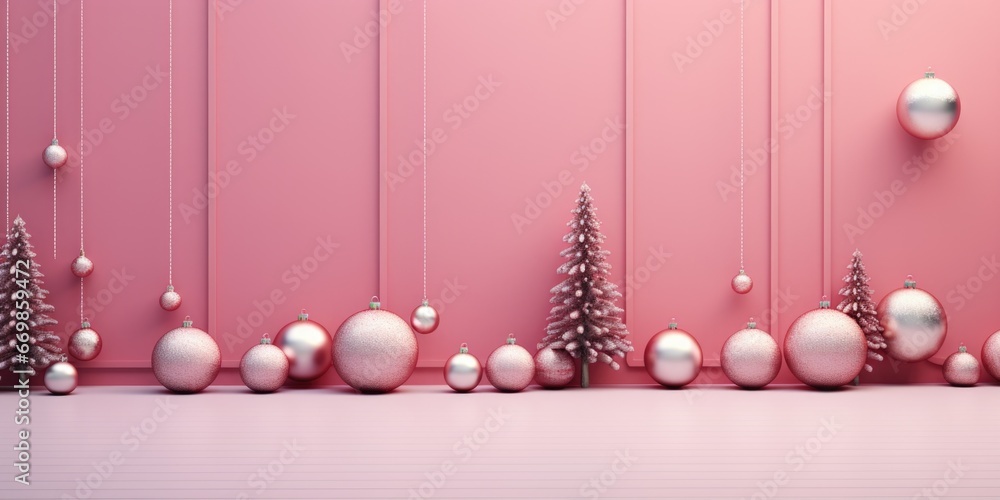 Poster A row of Christmas ornaments hanging from strings. Perfect for adding a festive touch to holiday decorations