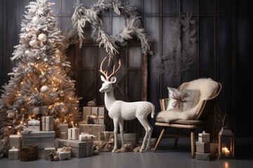 A festive Christmas scene featuring a deer surrounded by presents. Perfect for holiday designs and greetings.