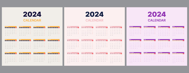 set of 2024 calendar vector design with three option color theme