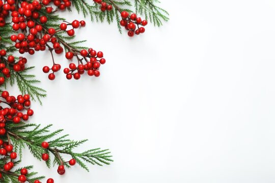 A close-up image of a branch from a Christmas tree adorned with vibrant red berries. Perfect for adding a festive touch to holiday designs and decorations.