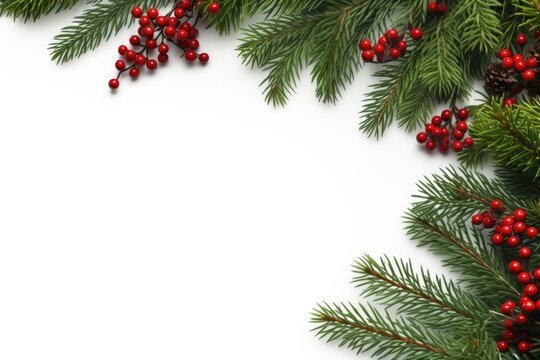 A close-up view of a pine branch with vibrant red berries and pine cones. This image can be used to add a festive touch to holiday designs or to showcase the beauty of nature.