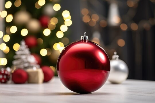 A red Christmas ornament sitting on top of a table. This picture can be used to depict holiday decorations or festive home interiors