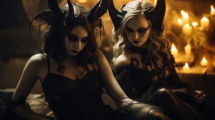 Fototapeta premium Step into a dark fantasy realm as two Halloween girls don mesmerizing fancy dress costumes. They embody haunting figuratism in the style of devilcore, set against a striking light brown.