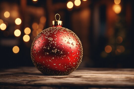 A red ornament sits elegantly on top of a wooden table. This image can be used to add a festive touch to holiday decorations or as a symbol of celebration.