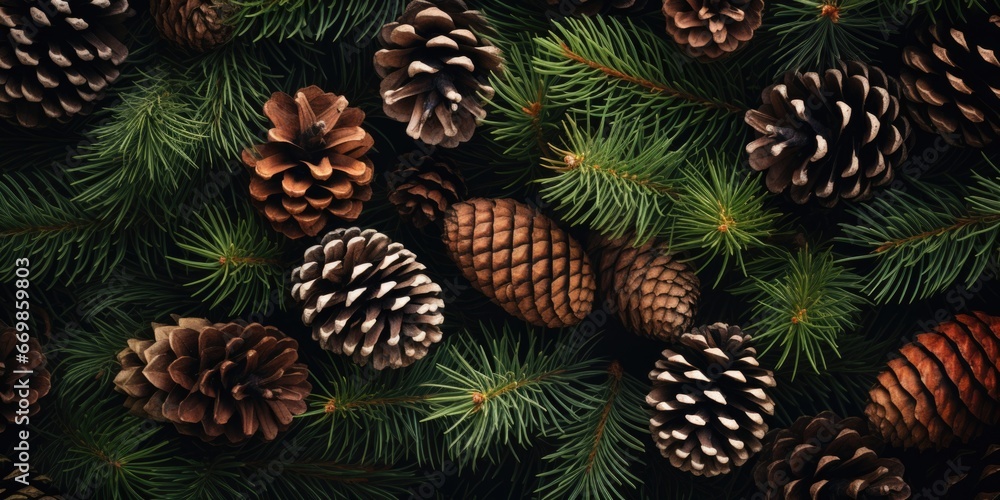 Poster a cluster of pine cones sitting on top of a pine tree. this image can be used to depict nature, fore