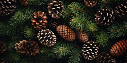 A cluster of pine cones sitting on top of a pine tree. This image can be used to depict nature, forestry, or seasonal themes