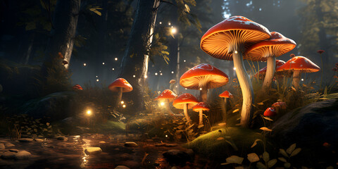 Mushrooms and moss growing on a moss covered ground in a forest  Fantastic wonderland forest  with mushrooms A forest scene with mushrooms and the sun shining through the trees.AI Generative