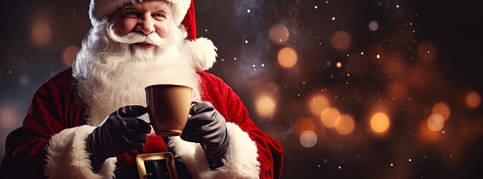 Catch Santa Claus enjoying a hot cup of coffee in a bokeh panorama. With a strong facial expression, this night photography shot on Cinestill 50D film features a captivating moment on a shaped canvas.