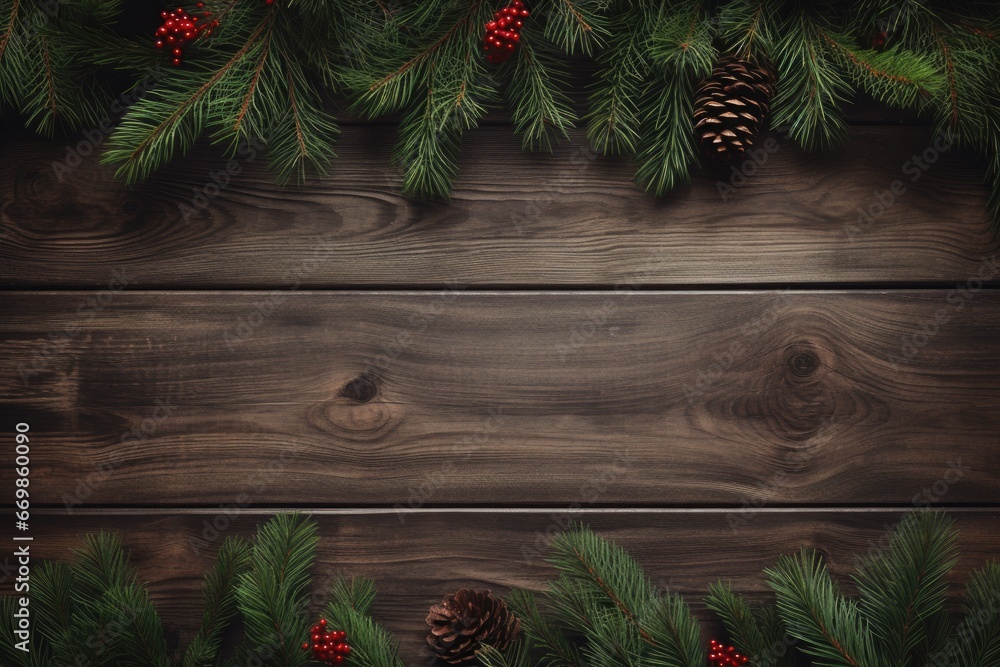 Poster a rustic wooden background with pine cones and vibrant red berries. perfect for adding a touch of na