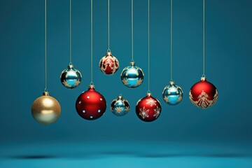 A group of Christmas ornaments hanging from strings. This festive image can be used to add holiday cheer to any design