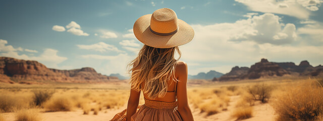 attractive sensual young woman in dress in desert, treveling on safari, wearing hat, exploring nature, hot summer day, sunny weather