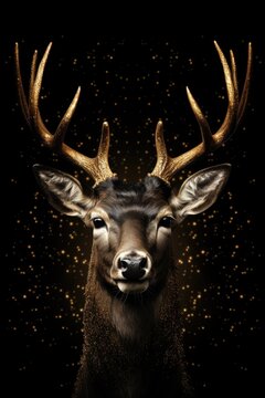 A close up photograph of a deer's head against a black background. This image can be used for various purposes, such as wildlife documentaries, hunting articles, or nature-themed designs