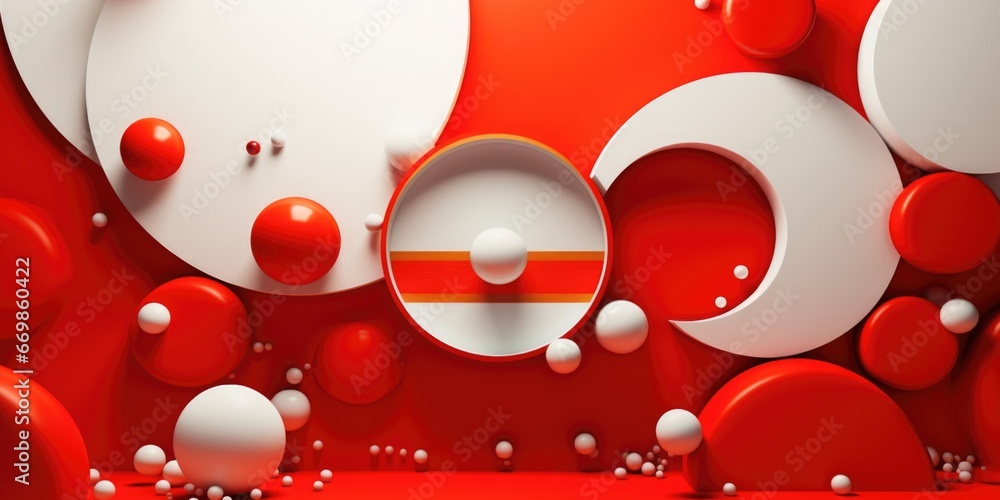 Poster A vibrant red and white room filled with red and white balls. Perfect for adding a playful touch to any design project