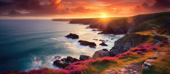 Gorgeous Newquay sunset over the sea in Cornwall UK