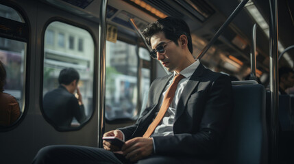 Bangkok, young businessman traveling by electric train inside view - obrazy, fototapety, plakaty