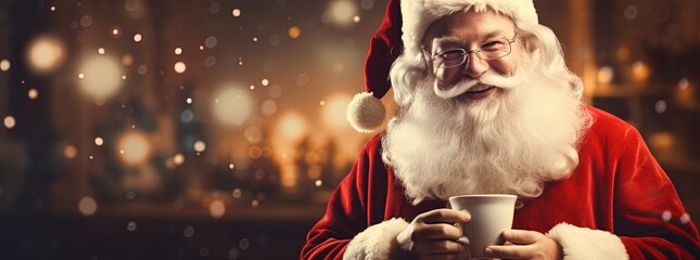 Catch Santa Claus enjoying a hot cup of coffee in a bokeh panorama. With a strong facial expression, this night photography shot on Cinestill 50D film features a captivating moment on a shaped canvas. - obrazy, fototapety, plakaty