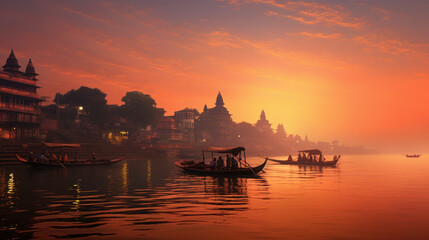 India Varanasi ganga river sunrise - obrazy, fototapety, plakaty
