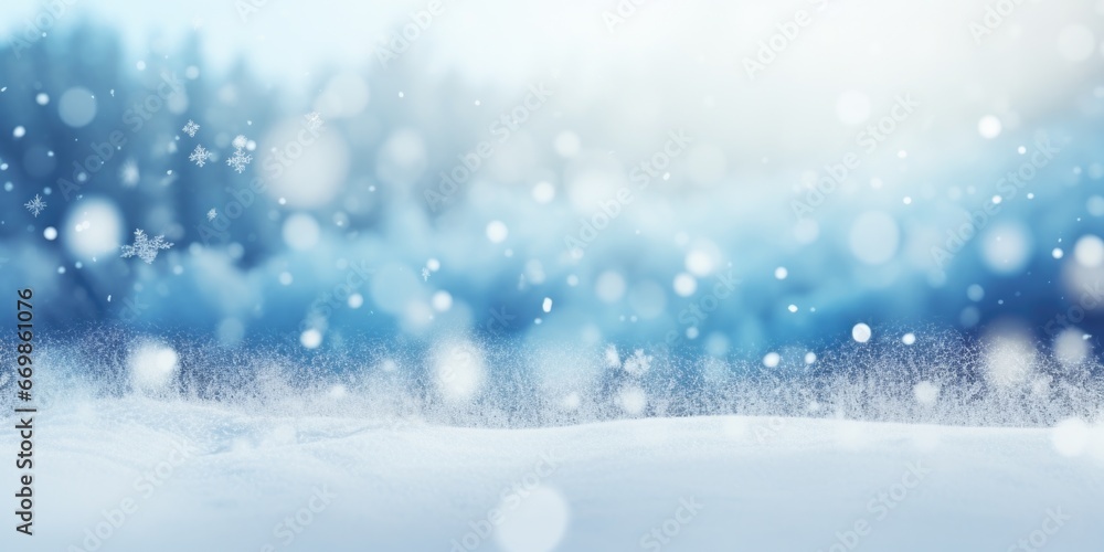 Poster A picture of a snow-covered field with trees in the background. This image can be used to depict a winter landscape or to symbolize tranquility and serenity