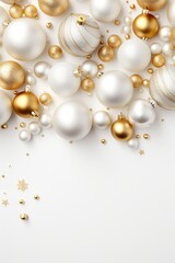 A pile of white and gold Christmas ornaments. Perfect for festive holiday decorations