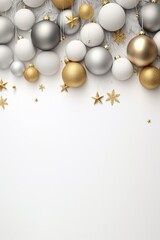A festive holiday background featuring white and gold ornaments. Perfect for adding a touch of elegance to your Christmas designs