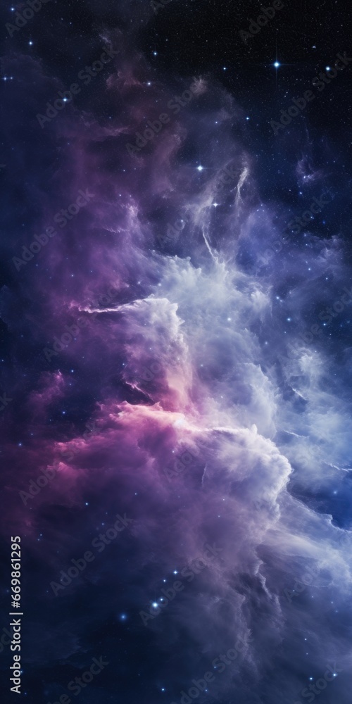 Poster a stunning image of a purple and blue nebula with stars in the background. perfect for creating an o