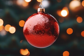 A red ornament hanging from a Christmas tree. This picture can be used for holiday-themed designs or to add a festive touch to any project