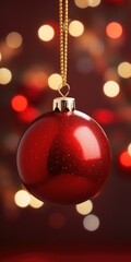 A beautiful red Christmas ornament hanging from a shiny gold chain. This festive decoration can be used to add a touch of holiday cheer to any setting
