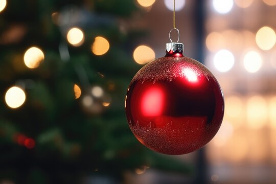 A red ornament hanging from a Christmas tree. This image can be used to showcase holiday decorations or to create a festive atmosphere.