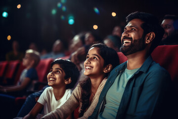 Indian family watching movie in theaters - obrazy, fototapety, plakaty