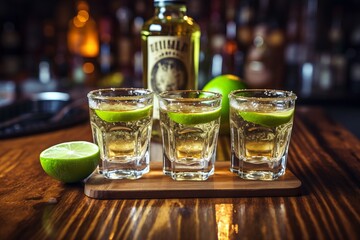 Tequila poured into shots with lime on the bar wooden desk - obrazy, fototapety, plakaty