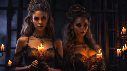 Fototapeta premium Step into a dark fantasy realm as two Halloween girls don mesmerizing fancy dress costumes. They embody haunting figuratism in the style of devilcore, set against a striking light brown.